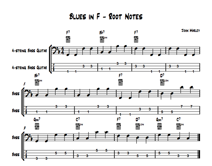 playing jazz bass john marley blues in f root notes example 1