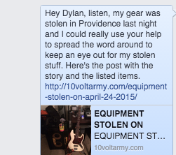 stolen gear facebook reachout example